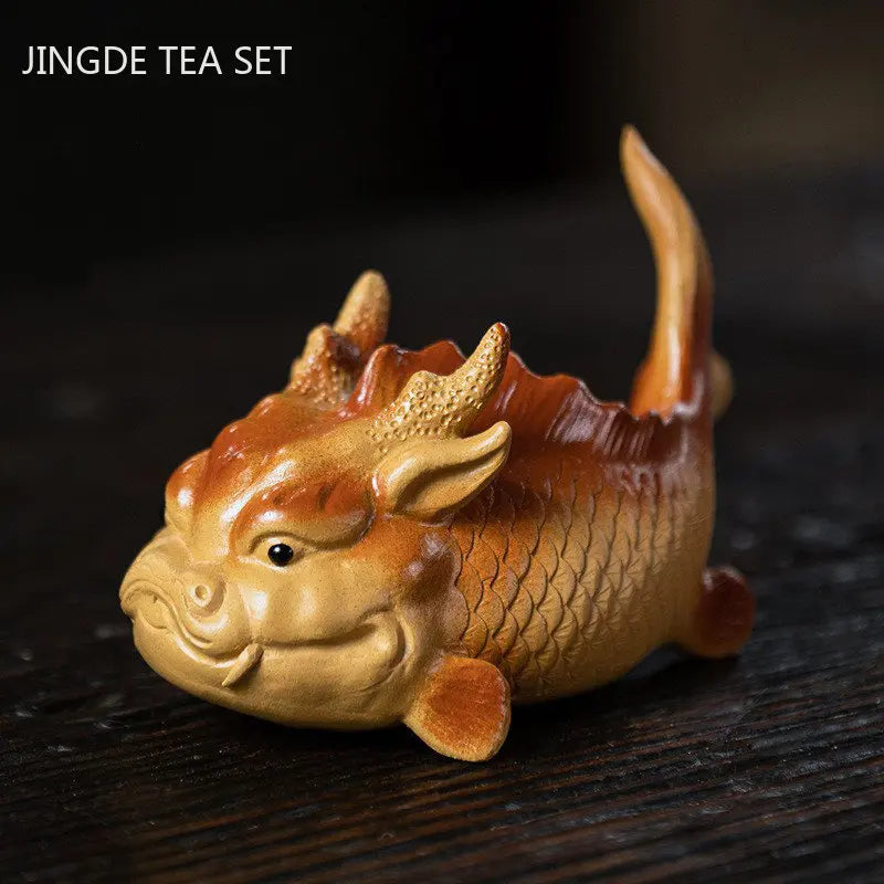 1pc Yixing Purple Sand Tea Pet Creative Fish Dragon Ornaments Tea Set Accessories Handmade Sculpture Tea Table Decoration