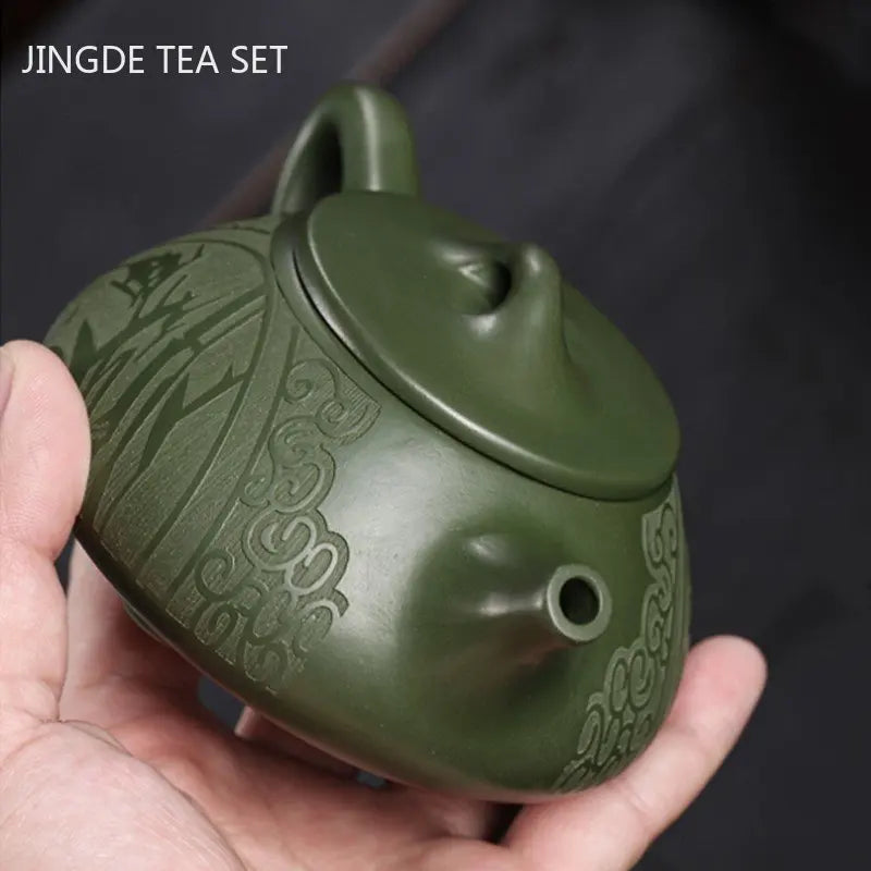 220ml Yixing Purple Clay Teapot Raw Ore Green Mud Hand-carved Stone Scoop Kettle Home Beauty Tea Infuser Chinese Zisha Tea Set