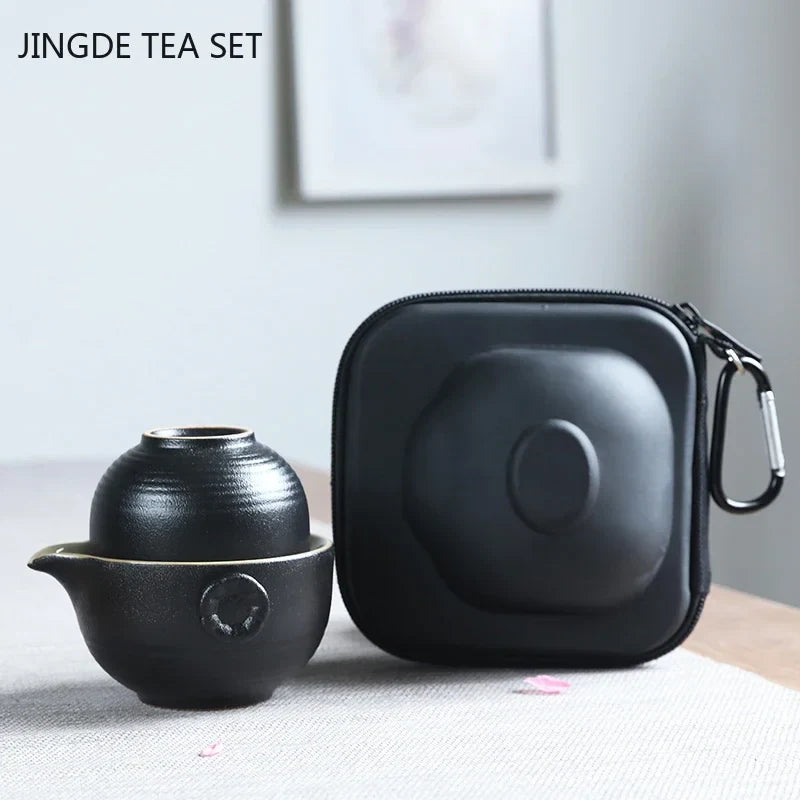 Black Ceramic Tea Pot and Cup Set One Pot Two Tea Cups Outdoor Travel Portable Teaware Household Tea Set Tea Ceremony Gifts