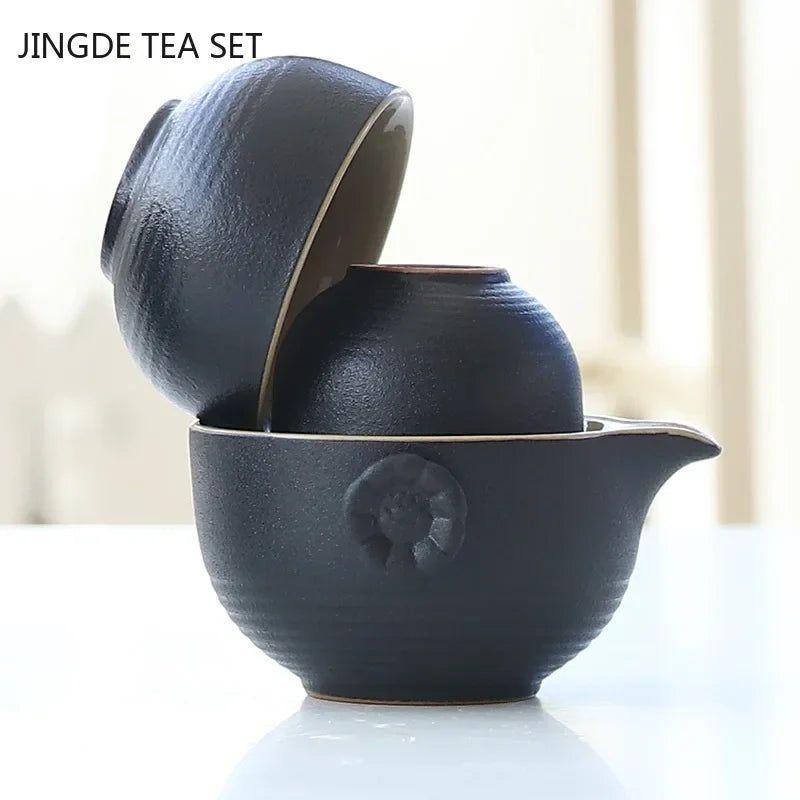 Black Ceramic Tea Pot and Cup Set One Pot Two Tea Cups Outdoor Travel Portable Teaware Household Tea Set Tea Ceremony Gifts