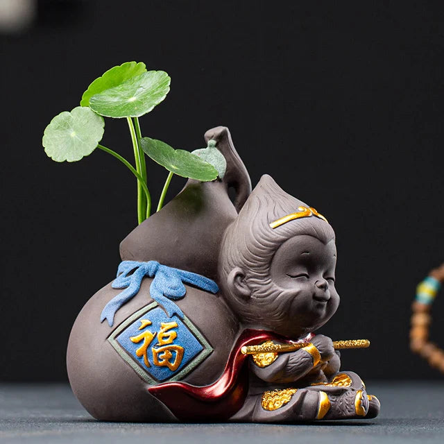 Boutique Hydroponic Small Flower Device Cute Purple Sand Sun Wukong Tea Pet Decoration Creative Tea Set Ornament Mini Vase