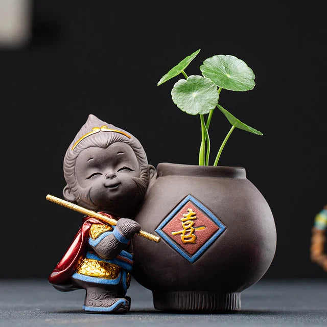 Boutique Hydroponic Small Flower Device Cute Purple Sand Sun Wukong Tea Pet Decoration Creative Tea Set Ornament Mini Vase