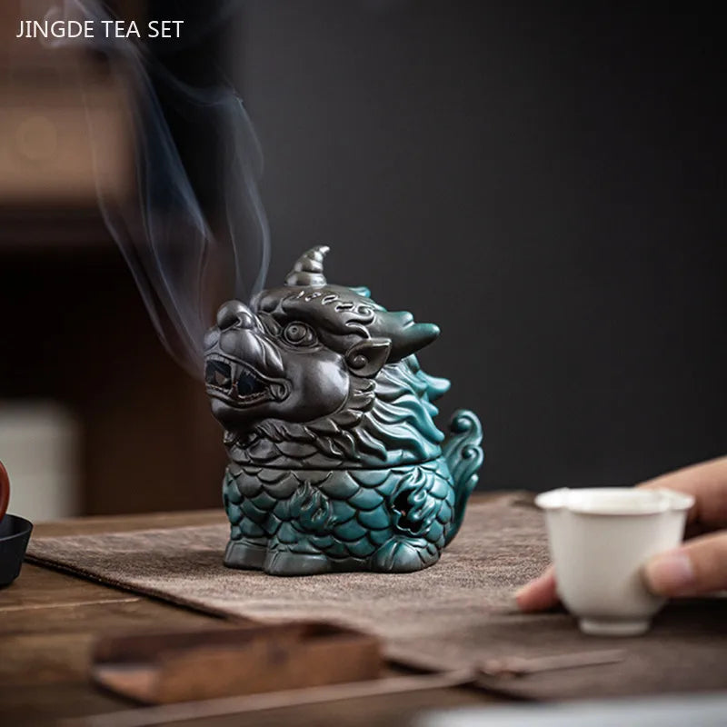 Chinese Kirin Model Fortune Decoration Tea Table Incense Burner Tea Pet Household Indoor Tea Ceremony Zen Ceramic Decoration