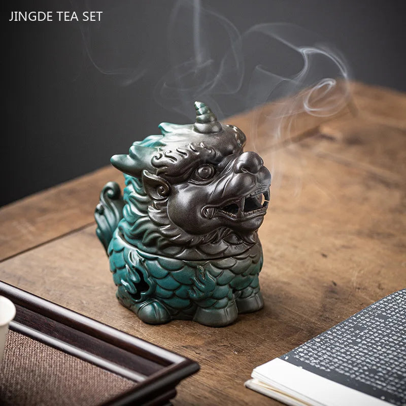 Chinese Kirin Model Fortune Decoration Tea Table Incense Burner Tea Pet Household Indoor Tea Ceremony Zen Ceramic Decoration