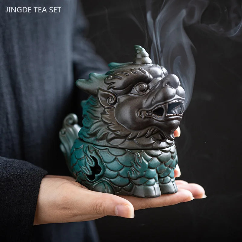 Chinese Kirin Model Fortune Decoration Tea Table Incense Burner Tea Pet Household Indoor Tea Ceremony Zen Ceramic Decoration