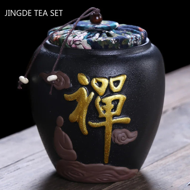 Creative Black Pottery Tea Cans Large Ceramic Sealed Tea Caddy Waking Tea Jar Kitchen Spice Sealed Storage Cans Home Accessories