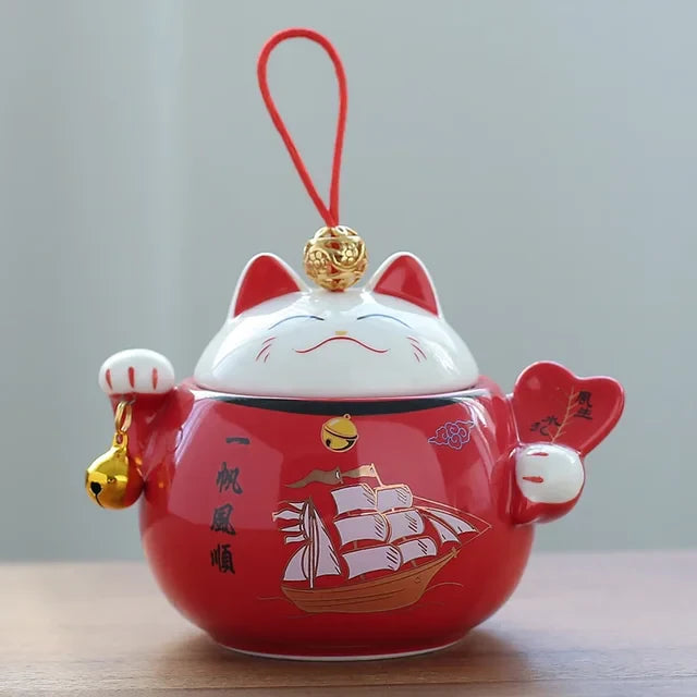 Cute Lucky Cat Ceramic Tea Tins Portable Coffee Moisture-proof Jar Pot Kitchen Storage Tea Container Home Decor Small Ornament