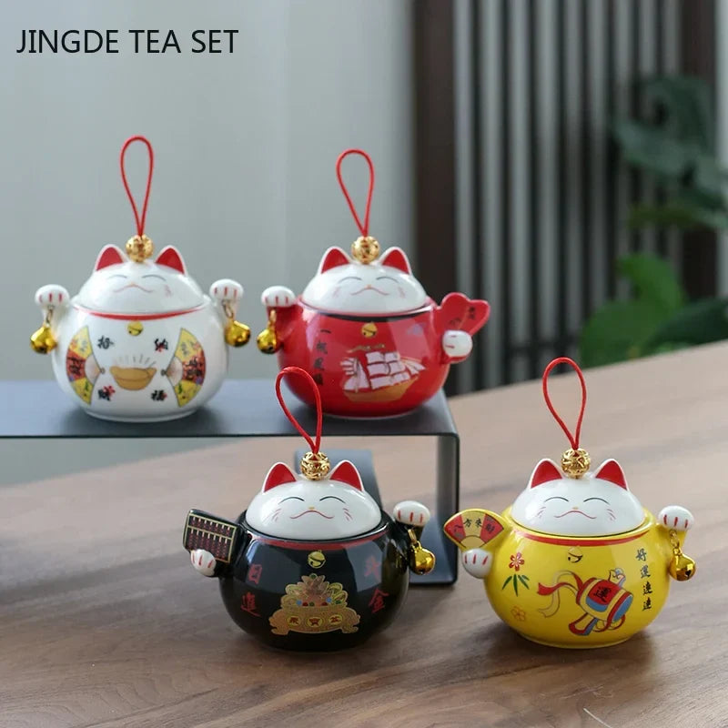 Cute Lucky Cat Ceramic Tea Tins Portable Coffee Moisture-proof Jar Pot Kitchen Storage Tea Container Home Decor Small Ornament