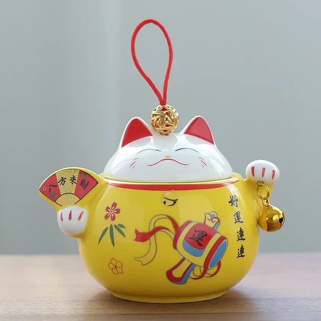 Cute Lucky Cat Ceramic Tea Tins Portable Coffee Moisture-proof Jar Pot Kitchen Storage Tea Container Home Decor Small Ornament