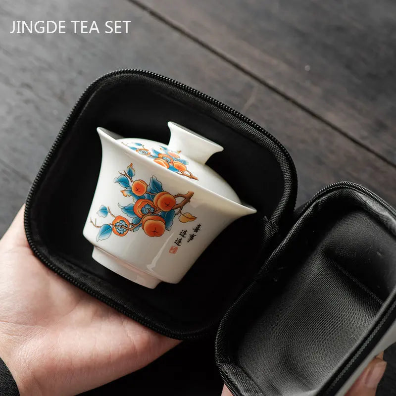 Exquisite Goat Fat Jade White Porcelain Travel Tea Set Portable Tea Infuser Gaiwan Tea Cup Set Outdoor Ceramic Teaware Supplies