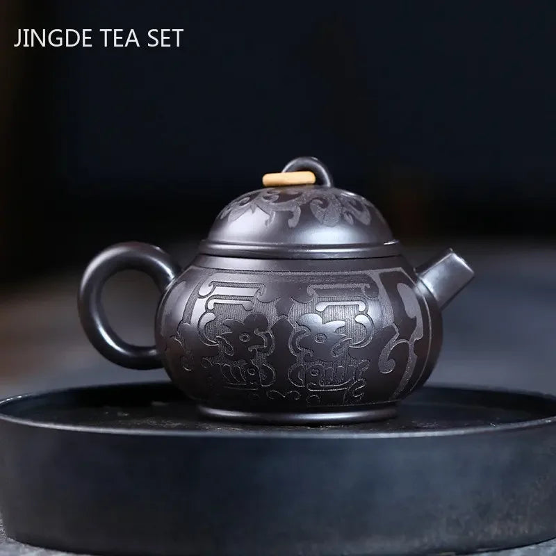 Hand Carving Black Mud Teapot Authentic Yixing Purple Clay Tea Pot Chinese Teaware Tradition Zisha Beauty Kettle Tea Set 180ml