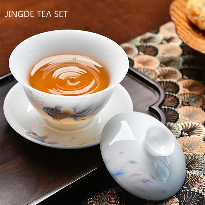 High Quality Ceramic Tea Sets Customized White Porcelain Gaiwan Tea Cup Set Master Handmade Teaware Gifts Chinese Drinkware Suit