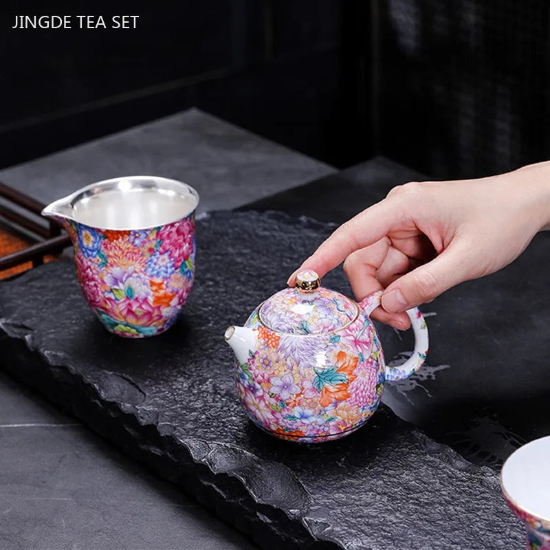 High-grade Silver Plated Tea Set Home Teaware Gift Chinese Enamel Color Teapot and Cup Set Customized Beauty Tea Infuser