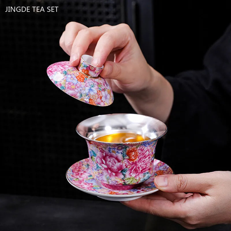 High-grade Silver Plated Tea Set Home Teaware Gift Chinese Enamel Color Teapot and Cup Set Customized Beauty Tea Infuser