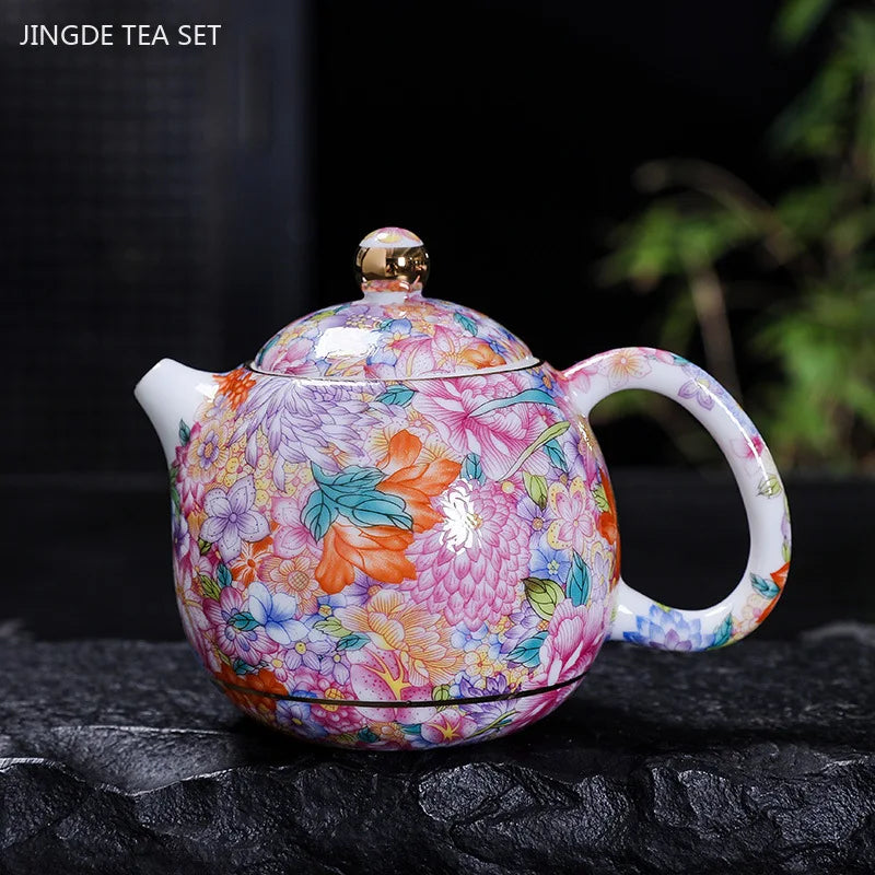 High-grade Silver Plated Tea Set Home Teaware Gift Chinese Enamel Color Teapot and Cup Set Customized Beauty Tea Infuser