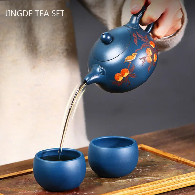 High-grade Yixing Purple Clay Tea Pot Set Handmade Teapot and Cup Suit Ball Hole Filter Xishi Kettle Chinese Blue Tea Sets