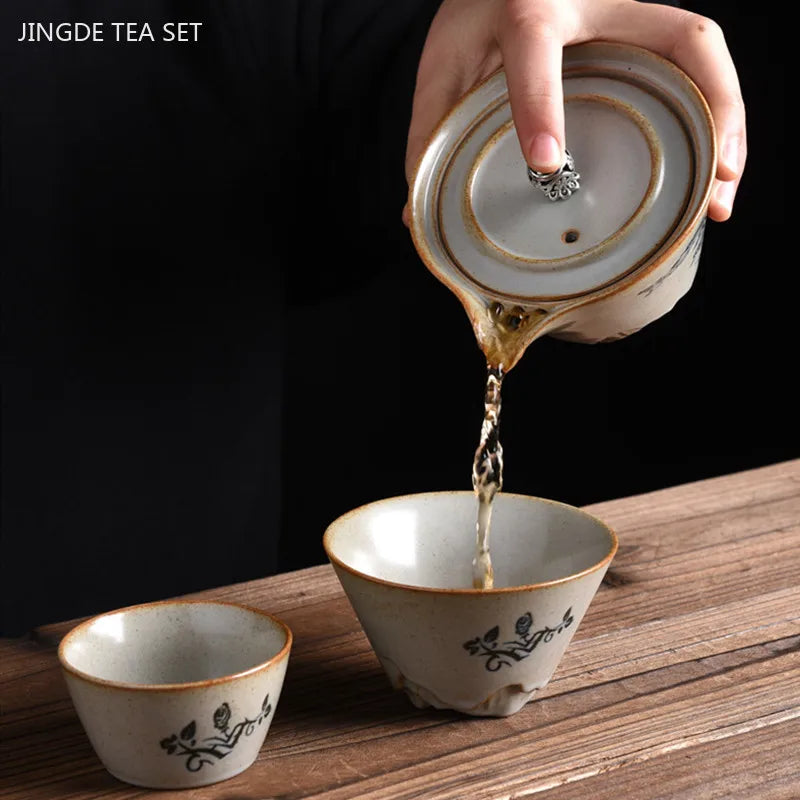 Japanese Retro Portable Travel Tea Sets One Pot Two Cups Storage Bag Set Home Outdoor Quick Cup Custom Beauty Tea Set