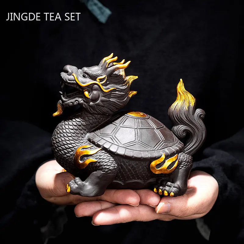 Purple Clay Dragon Turtle Tea Pet Ornaments Can Raise Fengshui Home Decoration Animal Sculpture Crafts Chinese Tea Accessories