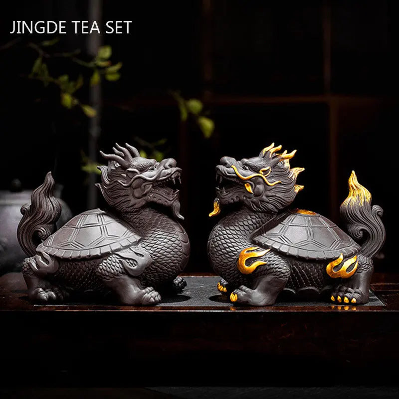 Purple Clay Dragon Turtle Tea Pet Ornaments Can Raise Fengshui Home Decoration Animal Sculpture Crafts Chinese Tea Accessories