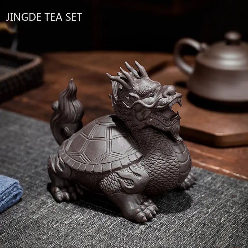 Purple Clay Dragon Turtle Tea Pet Ornaments Can Raise Fengshui Home Decoration Animal Sculpture Crafts Chinese Tea Accessories