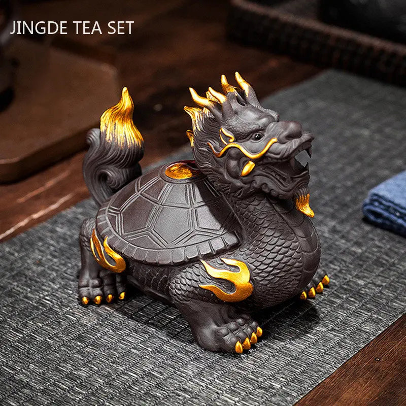 Purple Clay Dragon Turtle Tea Pet Ornaments Can Raise Fengshui Home Decoration Animal Sculpture Crafts Chinese Tea Accessories