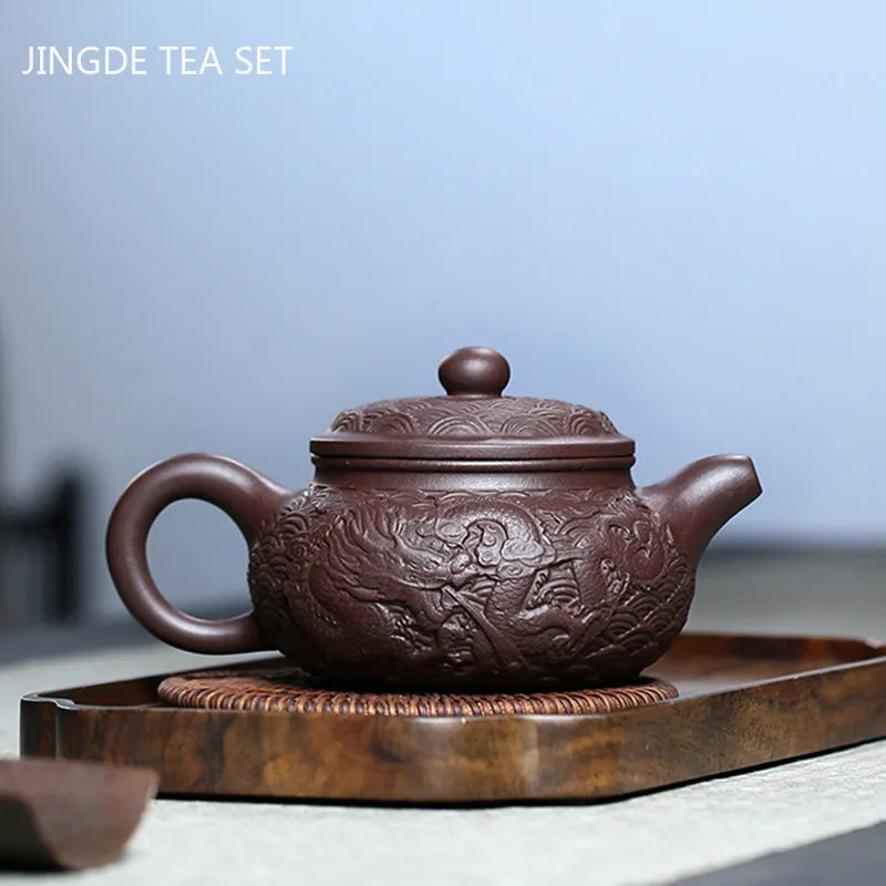 Raw Ore Purple Mud Dragon Pattern Teapot Chinese Yixing Purple Clay Tea Pot Household Beauty Tea Kettle Boutique Tea Sets 300ml