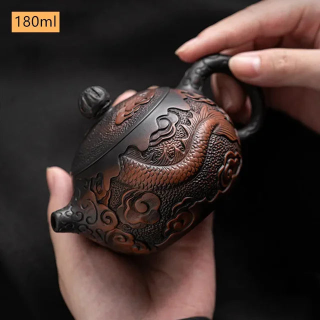 Retro Purple Pottery Teapot Hand-carved Dragon Pattern Xishi Pot Ball Hole Filter Beauty Tea Infuser Chinese Pu 'er Tea Set