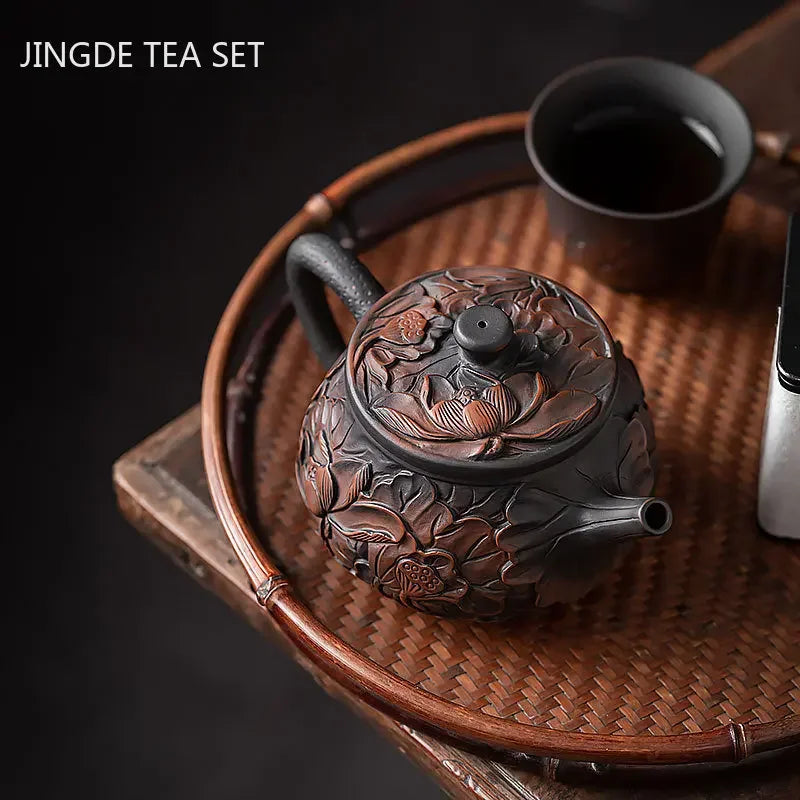 Retro Purple Pottery Teapot Hand-carved Dragon Pattern Xishi Pot Ball Hole Filter Beauty Tea Infuser Chinese Pu 'er Tea Set