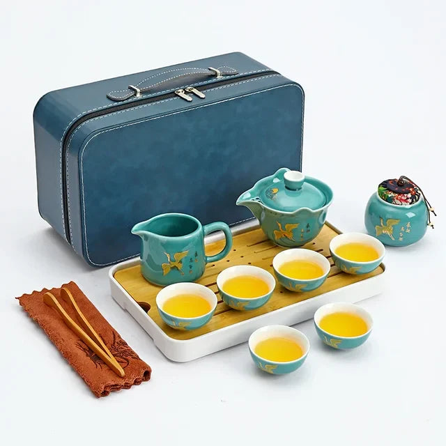 Travel Tea Set Home Office Ceramic Tea Infuser Teacup Gaiwan Suit Portable Outdoor Tea Tray with Tote Bag Chinese Teaware Gifts