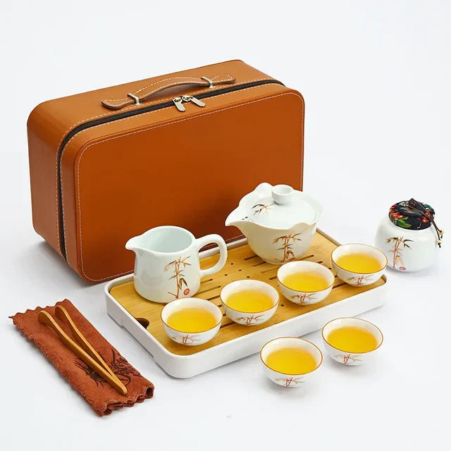 Travel Tea Set Home Office Ceramic Tea Infuser Teacup Gaiwan Suit Portable Outdoor Tea Tray with Tote Bag Chinese Teaware Gifts