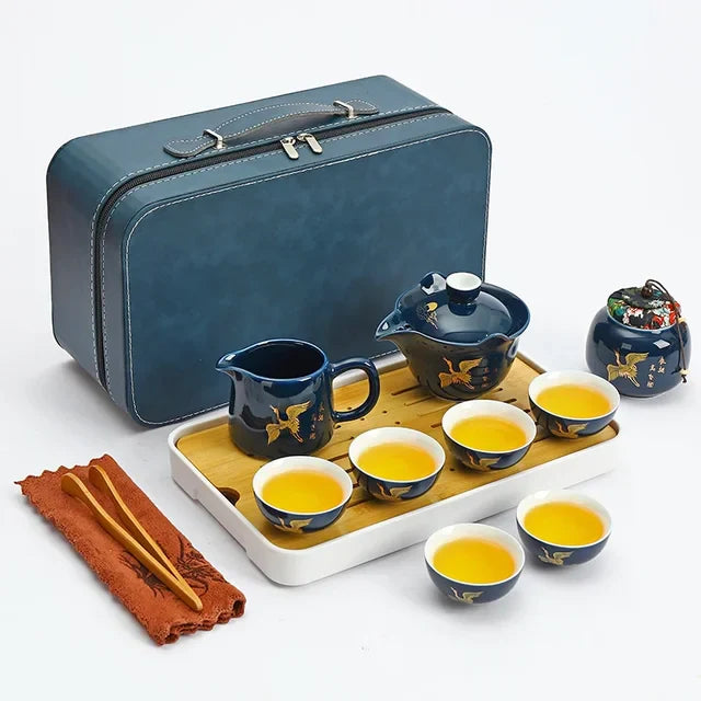 Travel Tea Set Home Office Ceramic Tea Infuser Teacup Gaiwan Suit Portable Outdoor Tea Tray with Tote Bag Chinese Teaware Gifts