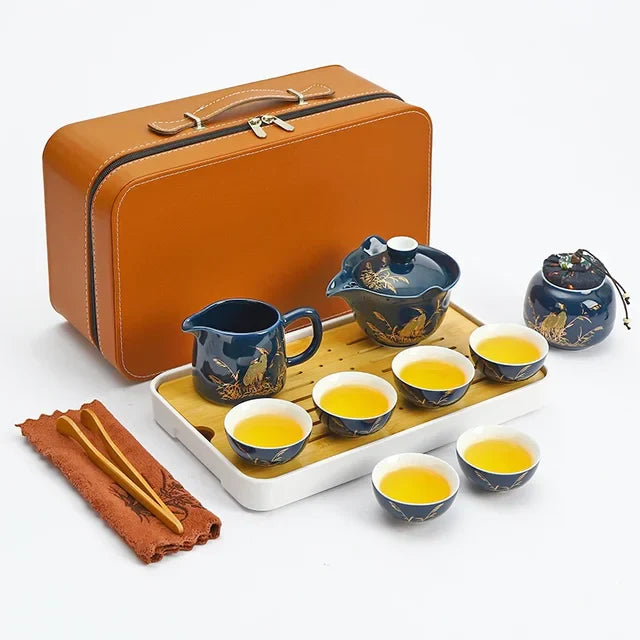 Travel Tea Set Home Office Ceramic Tea Infuser Teacup Gaiwan Suit Portable Outdoor Tea Tray with Tote Bag Chinese Teaware Gifts