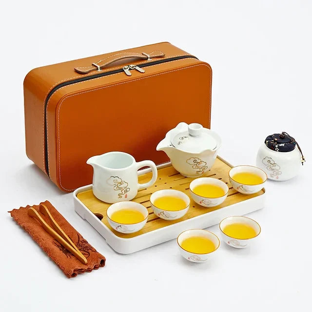 Travel Tea Set Home Office Ceramic Tea Infuser Teacup Gaiwan Suit Portable Outdoor Tea Tray with Tote Bag Chinese Teaware Gifts