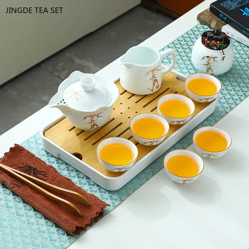 Travel Tea Set Home Office Ceramic Tea Infuser Teacup Gaiwan Suit Portable Outdoor Tea Tray with Tote Bag Chinese Teaware Gifts